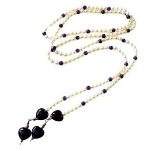 VTG purple amethyst heart beaded wrap necklace Genuine freshwater pearl 38" BOHO